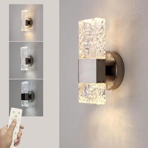 HuisMier Brushed Nickel Crystal Wall Sconce, Modern Dimmable LED Wall Light Fixtures with Remote, K9 Elegant Crystal Vanity Wall Lighting for Bathroom Bedroom Stairway Hallway, Hardwired 3000K-6000K