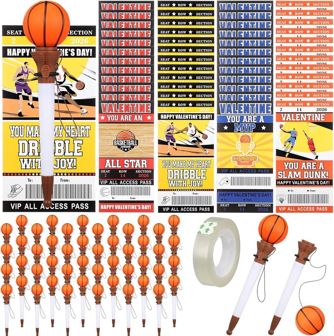 Sayglossy 48 Set Valentine's Day Sports Cards with Ballpoint Pen Set - 2026 Basketball Pens Sports Cards for Valentine's Day School Classroom Kid Exchange Gift Birthday Party Favor