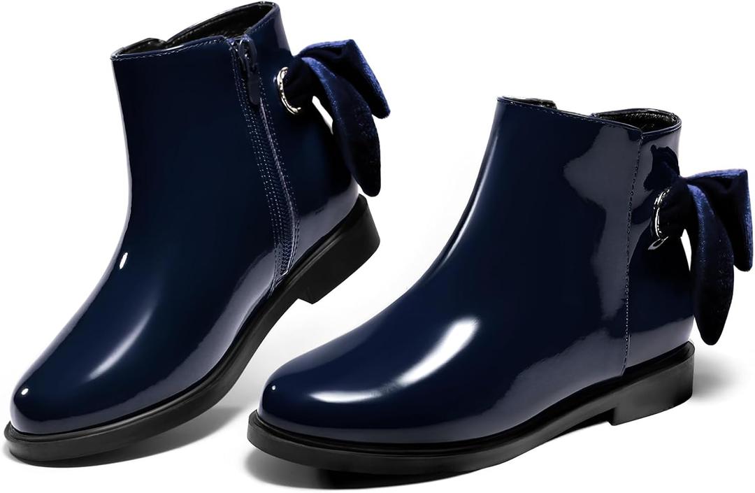 Coutgo Girls Ankle Boots Kids Bow Chunky Low Heel Side Zipper Dress Booties Fashion Fall Shoes (3 Little Kid, Navy Blue)