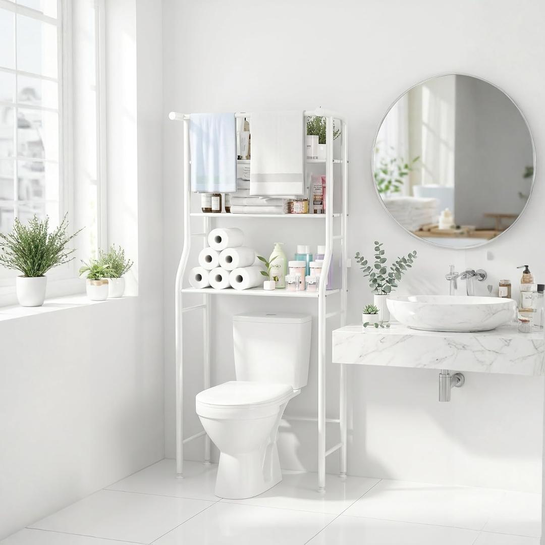 UDEAR 3-Tier Over The Toilet Rack,with Hanging Rod,Tower Shelf,White, 26.8 x 9.8 x 64.2 inches