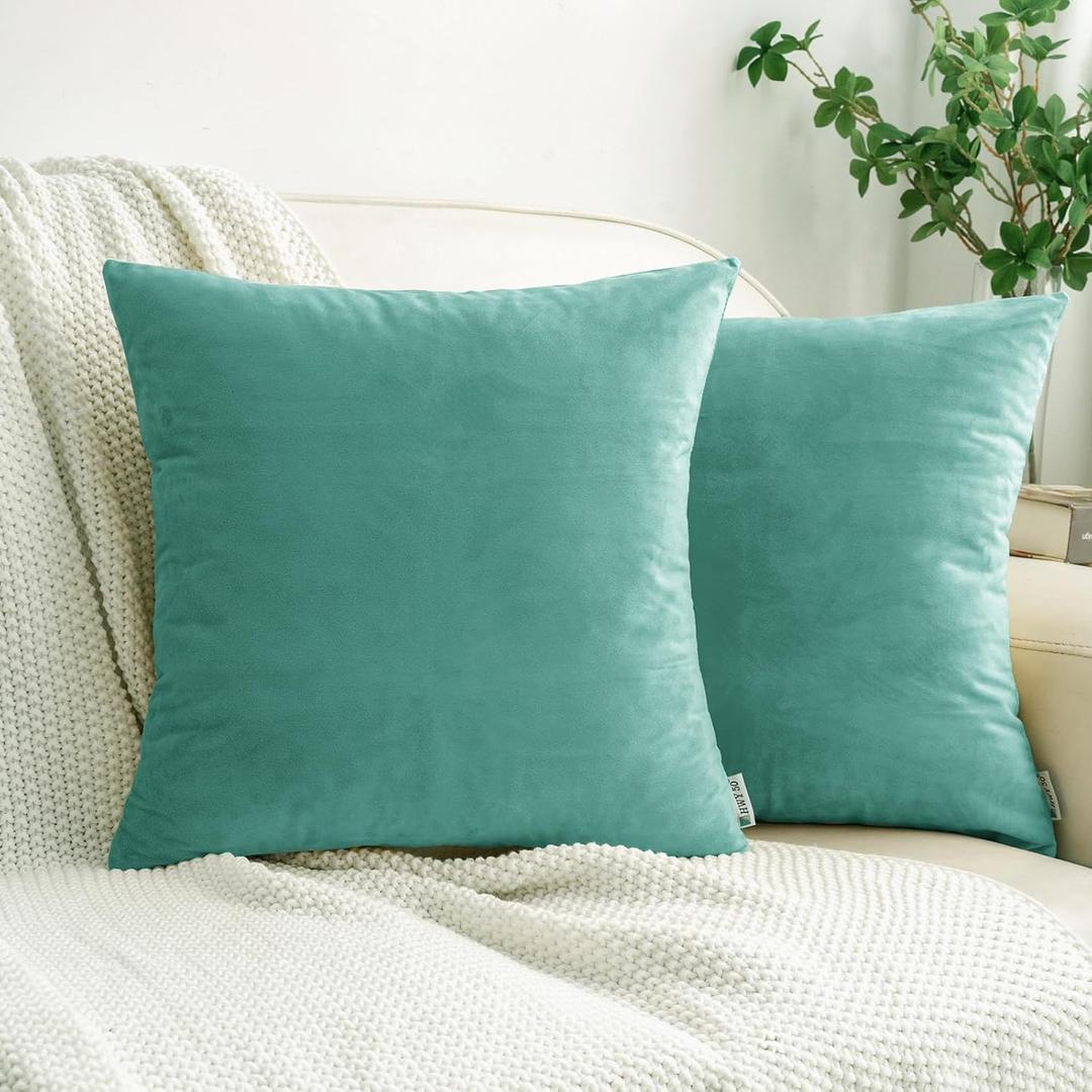 HWY 50 Teal Blue Velvet Throw Pillow Covers 20x20 Inch, Pack of 2 Soft Cozy Solid Decorative Luxury Cushion Cases for Couch Sofa Bed Living Room Bedroom