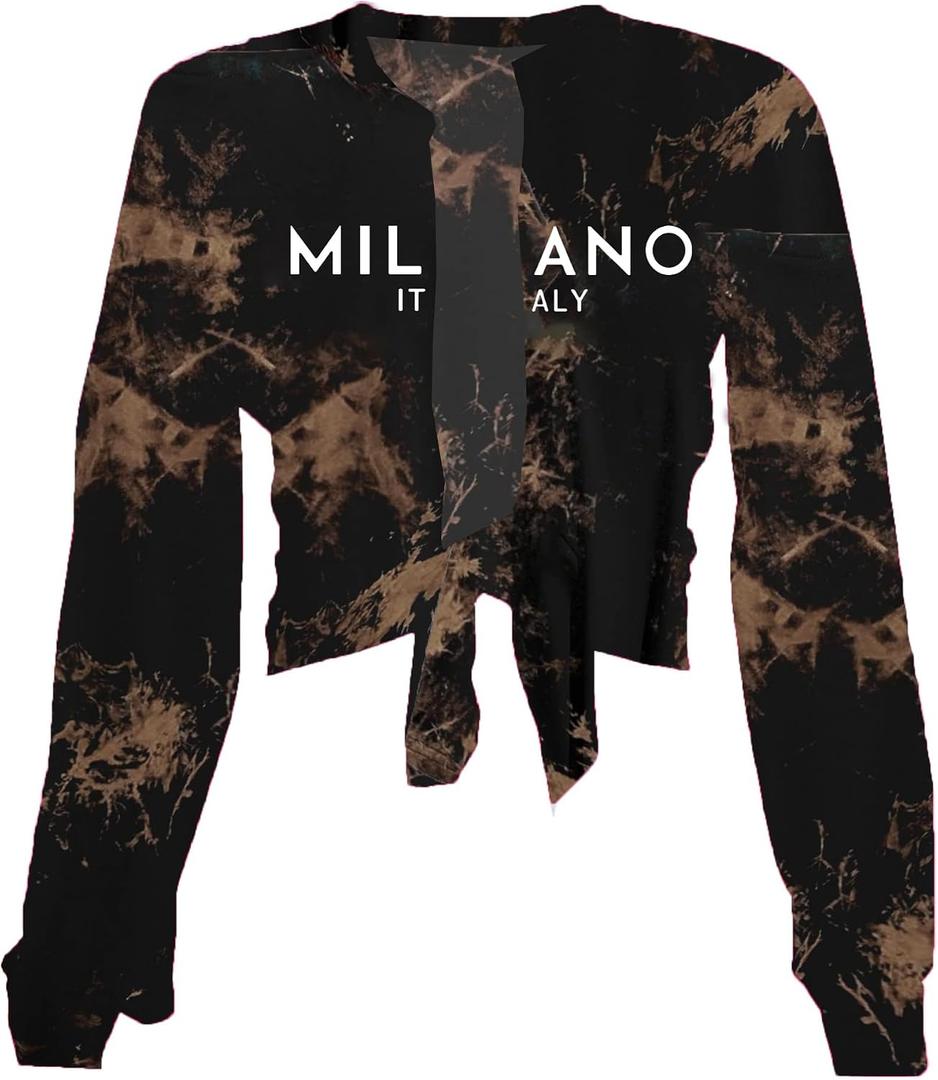 Sexy Tie-Front Tops for Women Clubwear Long-Sleeve Milano Graphic Crop Top Deep V-Neck T-Shirts Trendy (Black, S)
