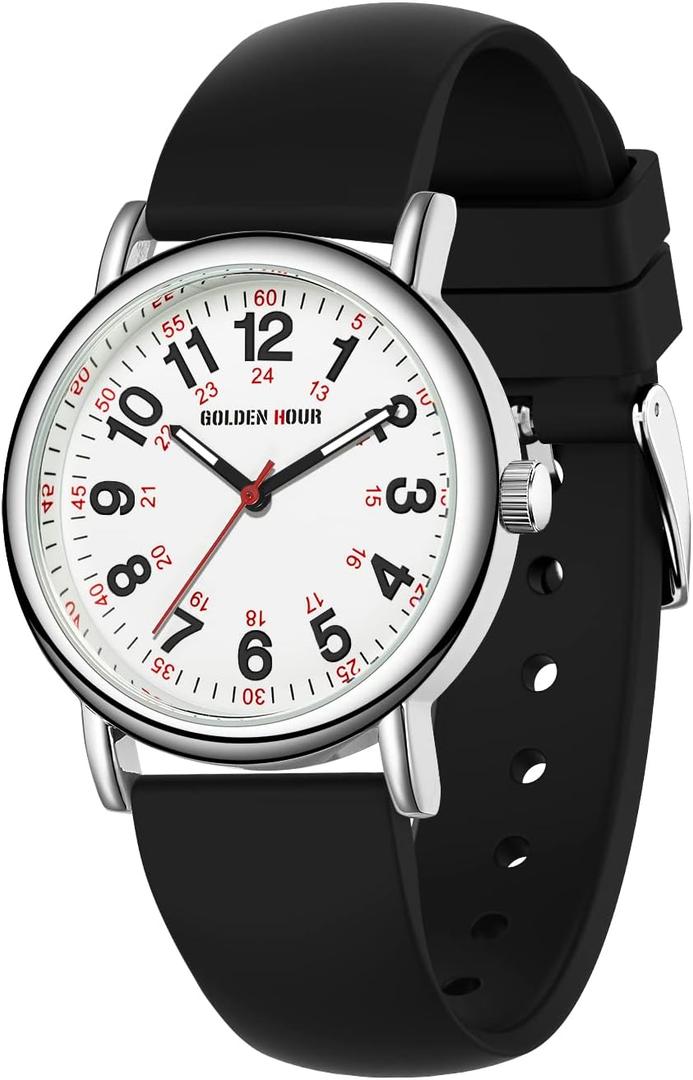 GOLDEN HOUR Waterproof Nurse Watch for Medical Professionals, Students Women Men - Military Time Luminouse Easy Read Dial, 24 Hour with Second Hand, Colorful Silicone Band (Black)