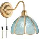 Shenmoyl Vintage Battery Operated Wall Sconce with Remote, Rechargeable LED Wall Lamp 3 Colors Dimmable, Brass Wall Lights Fixture for Bedroom Bathroom Living Room Hallway Blue Stone