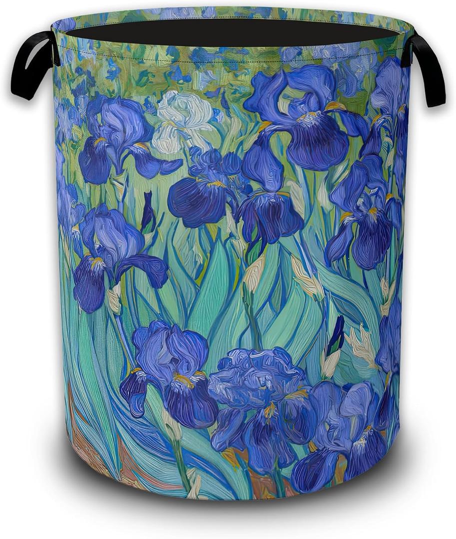 Vintage Irises Laundry Basket,Laundry Hamper Waterproof Oxford Cloth Tote Bag,Clothes Storage Bucket Decorative Toy Organizer for Bathroom Bedroom 16" x 20.8"