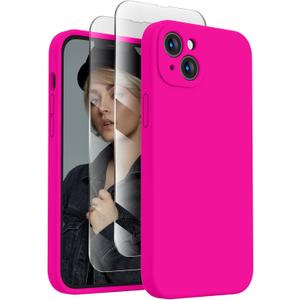 FireNova Designed for iPhone 14 Case, Silicone Upgraded [Camera Protection] Phone Case with [2 Screen Protectors], Soft Anti-Scratch Microfiber Lining Inside, 6.1 inch, Hot Pink