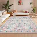 8x10 Pink Floral Washable Rug for Girls Bedroom,Soft Boho Area Carpet for Living Room, Nursery, Playroom, Non-Slip & Easy to Clean