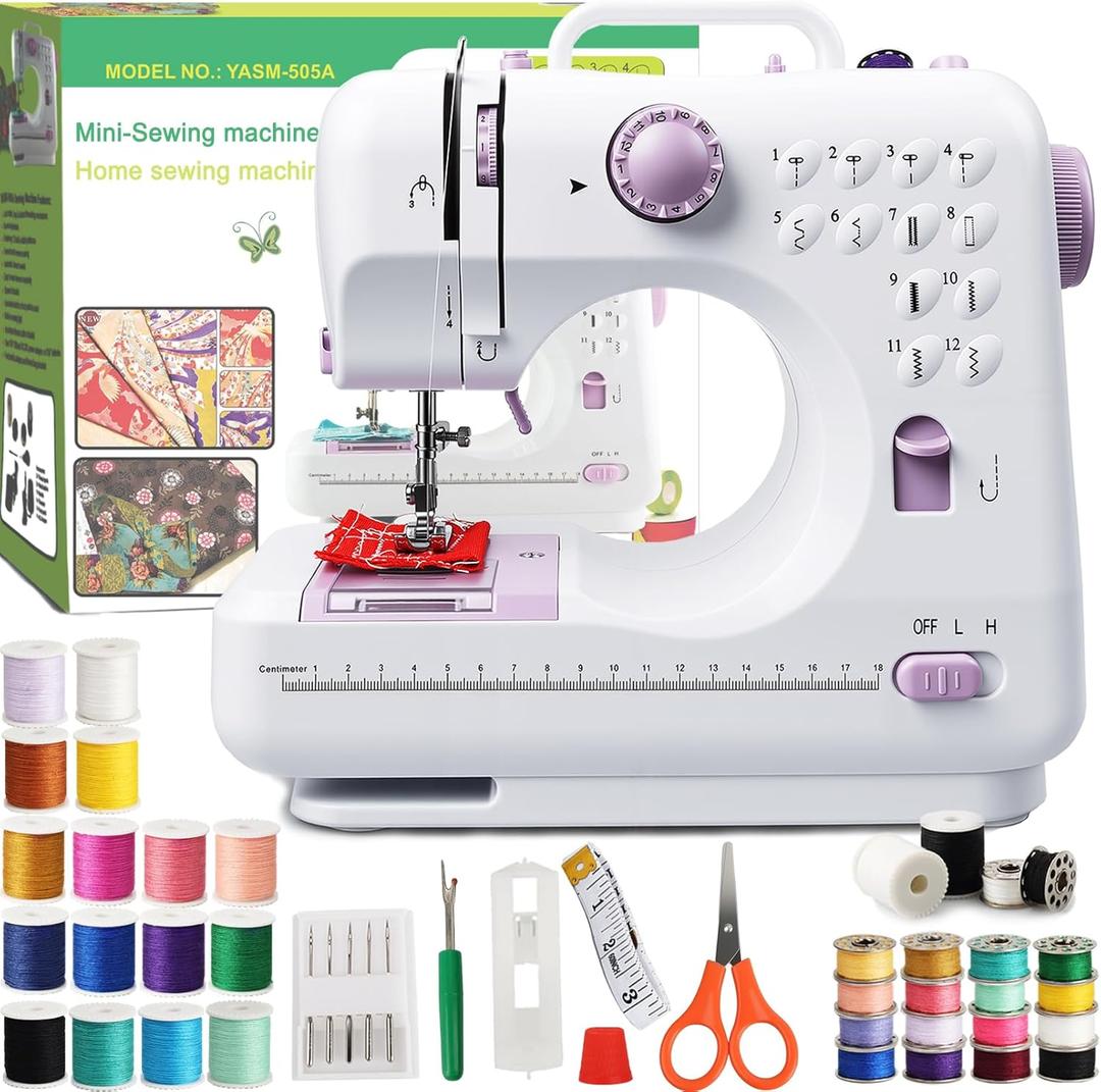 Kids Sewing Machine with 12 Built-in Stitches, 2-Speed Foot Pedal, 32-Color Sewing Thread Kit, Sewing Supplies Compatible, Sewing Machine Table Fit, Mini Electric Tool for Home Mending & DIY Crafting
