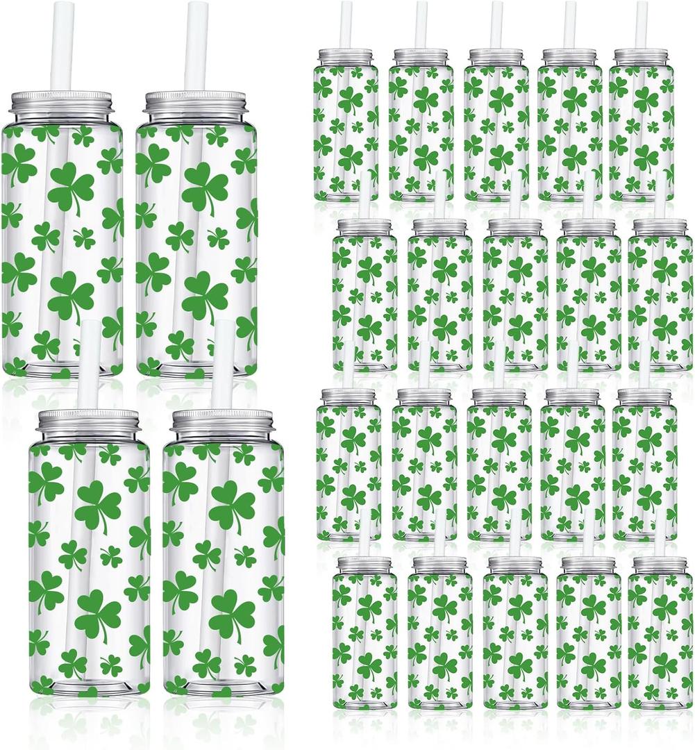 Whaline 20 Pcs St. Patrick's Day Plastic Cups with Lids and Straws Clear Shamrock Party Drinking Cups Reusable Clover Tumblers for Irish Holiday Bridal Shower Birthday Party Supplies