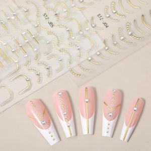 3 Sheets French Line Nail Art Stickers, 3D Rhinestone Nail Stickers Self-Adhesive Curved Stripe Designs Waved Nails Design Sticker French Nails Decals for Women Girls Nail-Art Decorations (Gold)