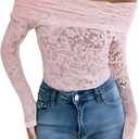 Womens Off Shoulder Lace Ruched Tops Long Sleeve Slim Fit Blouses Shirts 2026 Going Out T-Shirt (X-Large, Pink)