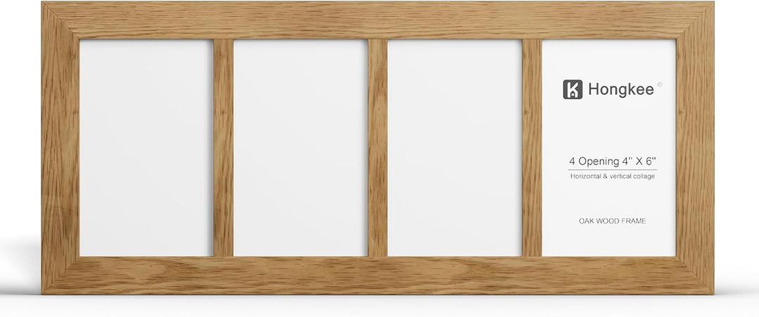 Hongkee 4x6 Oak Wood Picture Frame Collage, Real Glass and Solid Wooden Frames, Display 4 4x6 Picture Frame - Horizontal or Vertical Wall Mounting(1Pack, Natural), Four 4X6 in