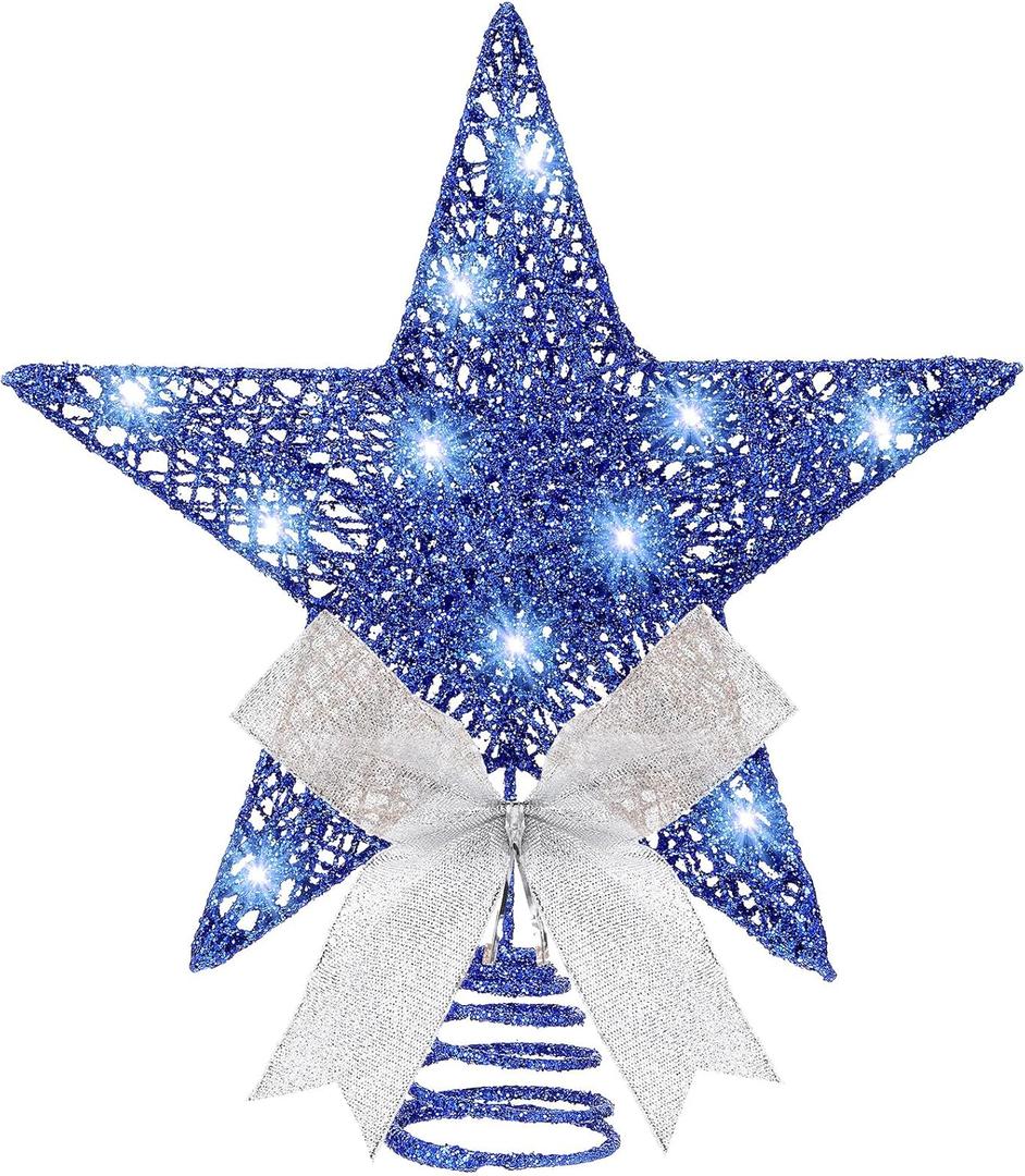 Sumind 9.8 x 11.8 Inch Christmas Star Tree Topper Glittered Star Metal Plug in Treetop Ornaments with Bow and 30 LED String Light for Christmas Tree Indoor Holiday Party Decoration(Blue)