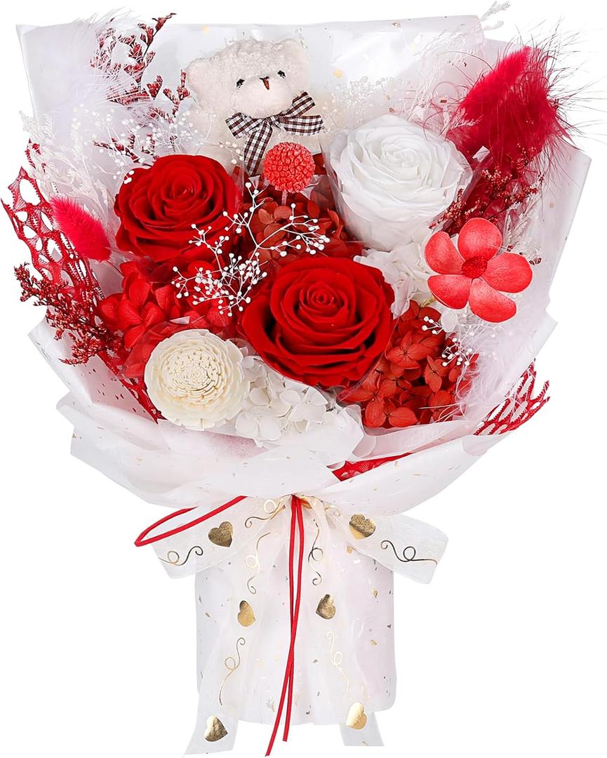 Preserved Flowers Bouquet with Bear, 3 Real Forever Flowers for Delivery, Long-Lasting Red Eteranl Roses Bouquet, Anniversary Birthday Gifts for Women Mom Her Girlfriend Wife