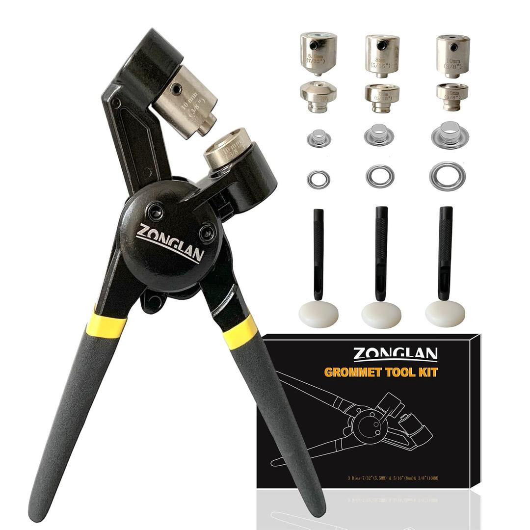 ZONGLAN Grommet Tool Kit, Eyelet Tool Multi-Purpose Handheld Manual Hole Punch Rivet Press Plier Crimper 3 Interchangeable Dies with 900 Set 7/32" 5/16" 3/8" Metal Grommets Washers