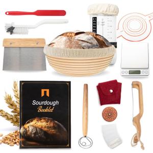 Complete Sourdough Starter Kit  14pc Sourdough Bread Baking Supplies | Banneton Proofing Basket, UFO Bread Lame, Starter Jar, Digital Scale, & More
