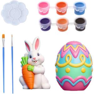 GloomGlo Easter Ceramic Painting Kit - 2PC Bunny Egg Figurines with 6 Colors of Paint, Brushes & Palette, DIY Arts and Crafts Toy for Kids and Adults (2pcs)