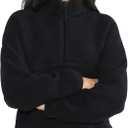 Womens Fleece Sweatshirts Cropped Half Zip Fuzzy Warm Sherpa Pullover Varsity Jackets with Zipper Pockets (Large, Black)