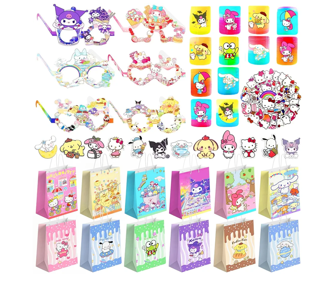 ZXYZXYZZ 98Pcs Cute Party Favors,Kawaii Birthday Party Supplies include Goodie Bags,Spring Rainbows,Party Glasses,Button Pins,Stickers,Cute Goodie Bags Stuffers,Classroom Prizes