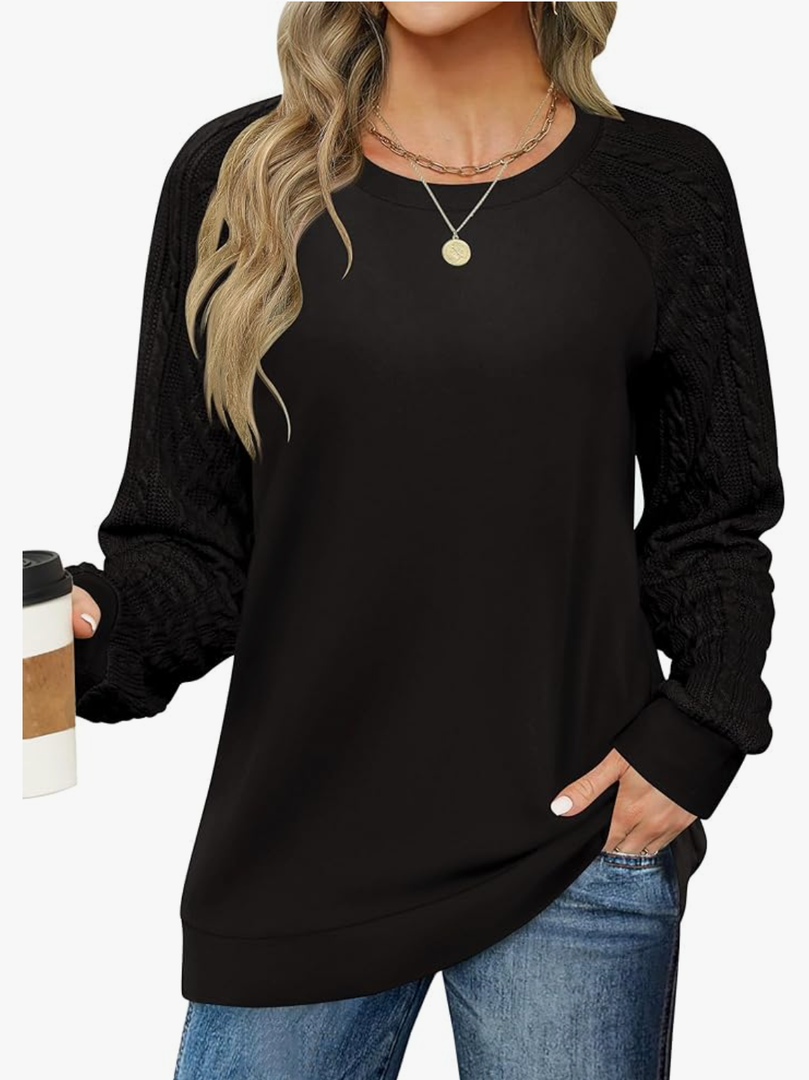 LOMON Long Sleeve Shirts for Women Dressy Casual Crewneck Cable Knit Sleeve Sweaters Lightweight Pullover Tunic Tops, Size:L