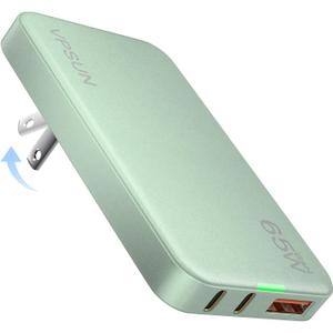 65W GaN USB C Wall Charger Block,3 Port Ultra Thin Flat USB-C Charging Plug,Foldable Power Adapter for MacBook,iPhone 15/16,Samsung (Green, 65w)
