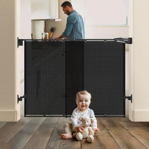 Babelio 26-43" No Bottom Bar Baby Gate for Babies, Elders and Pets, Mesh Gate with Large Walk Thru Door, One-Handed Open, Auto-Closing, Hardware Mount Safety Gate for Stairs and Doorways, Black