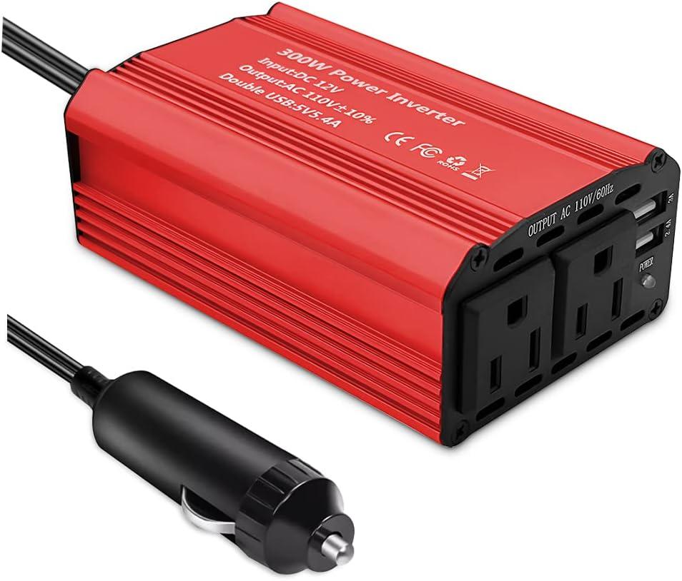 300W Car Power Inverter DC 12V to 110V AC Voltage Converter Car Charger Power Adapter with 3.1A Dual USB Charging Ports, Portable Plug Outlet Car Adapter for Road Trip, Camping, Charging