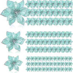 Geosar 100 Pcs 3 Size Christmas Poinsettia Flowers with Clips Glitter Artificial Flowers Small Christmas Tree Ornaments Faux for Xmas Party DIY Craft Wreath Garland New Year, 3/4/6 Inches(Mint Green)