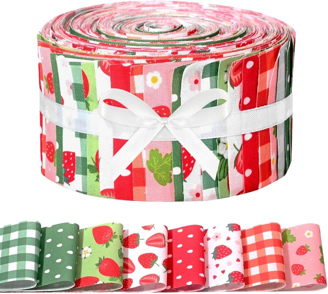 40Pcs Strawberry Cotton Fabric Strips Spring Summer Fruit Stripes Fabric Bundles for Red Green Plaid Quilting Crafting Precut Patchwork Gift Sewing DIY Crafts