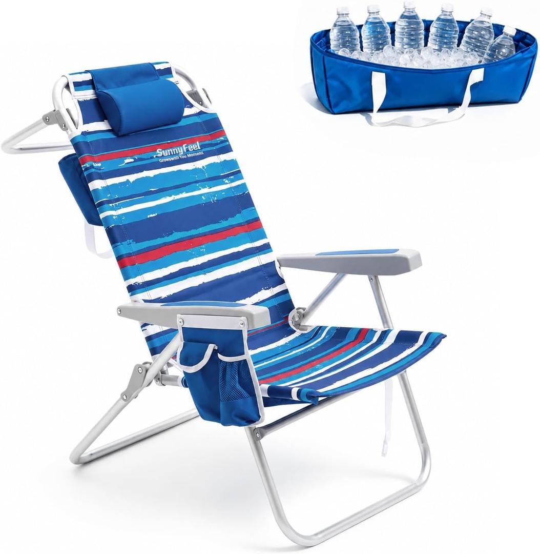 SUNNYFEEL Extra High Back Beach Chair, 5 Position Lay Flat, High Seat Oversized Portable Folding Camping Chair with Cup Holder for Outdoor/Trip, Lightweight Foldable Beach Chair for Adults, 1-pack