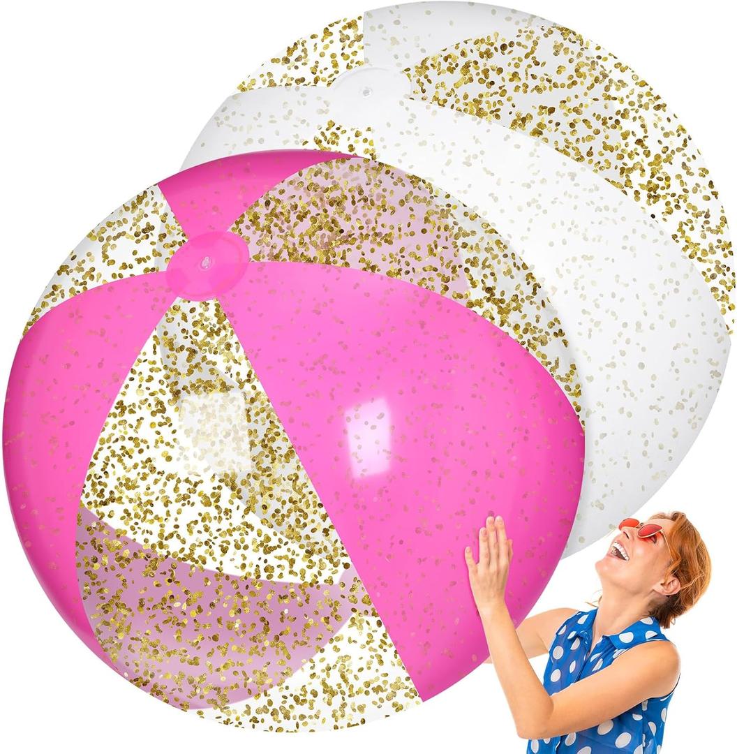 2 Pcs 48'' Giant Beach Balls for Swimming Pool 4 Ft Jumbo Glitter Confetti Inflatable PVC Pool Balls Large Summer Blow up Beach Toys for Adults Summer Outdoor Party Favor(Pink White)