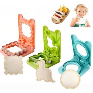 Sandwich Cutter and Sealer Set - 3Pcs Stainless Steel Crustless Sandwich Makers for Kids Lunch & Breakfast, Cookie Cutters with Dinosaur/Lace Wave/Circle Shapes, Perfect for Childrens Bento Box (Green+Orange+Blue)