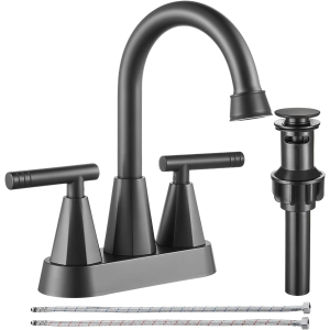 Cobbe Black Bathroom Faucets 3 Hole, 4 Inch Bathroom Sink Faucet with Pop Up Drain and 2 Supply Hoses, 2 Handle Centerset Bathroom Faucet for Sink Vanity, Matte Black