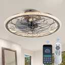 20" Low Profile Ceiling Fan with Lights, Handmade Antique Vintage Silver, Crystal Rustic Caged Industrial Flush Mount Ceiling Fan with Light for Bedroom/Kitchen/Living Room