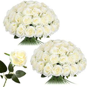 Nubry 50pcs Artificial Silk Roses Bulk,Fake Roses Flower with Stems Realistic Flowers for Wedding Centerpiece Home Party Decor(White)