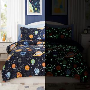 Full Kids Comforter Set - 7 Pieces Full Bedding Sets for Boys Girls Teen, Glow in The Dark Space Bed in A Bag with Sheets