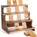 ZEAYEA 51pcs 4 Tier Wood Earring Display Stand, Retail Jewelry Organizer Stand with 50 Earring Cards, Ring Earring Holder Display Riser with Groove For Jewelry Business Tabletop Shows Home Using