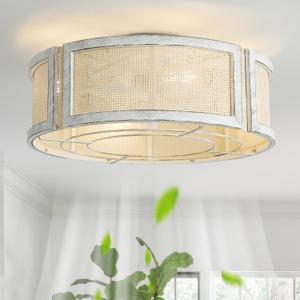 20" Rattan Boho Ceiling Fan with Light, Flush Mount Ceiling Fan with Light Remote Control, Caged Enclosed with 6 Speeds for Bedroom, Living Room, Foyer, Nursery