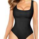 Nebility Womens' Waist Trainer Seamless Round Neck Tummy Control Shapewear Bodysuit (Medium/Large, Black Thong Bodysuit)