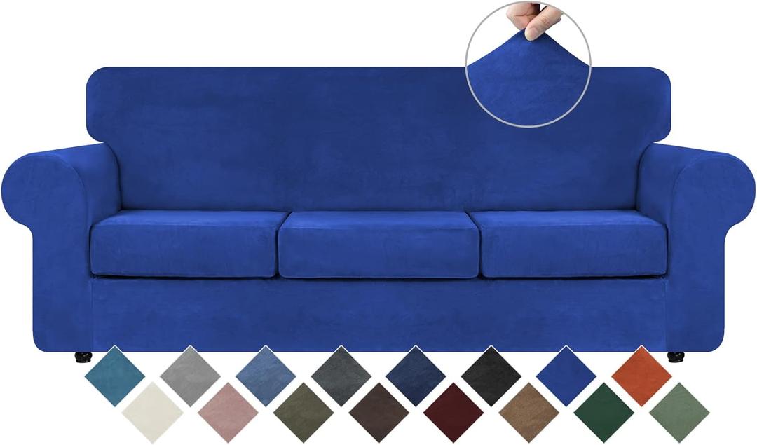 WEERRW 4 Pieces Velvet High Stretch Couch Covers for 3 Cushion Couch Sofa Slipcovers, Washable Furniture Protector with Non Slip Elastic Bottom, Feature Soft and Thick Plush Fabric, Royal Blue, Large