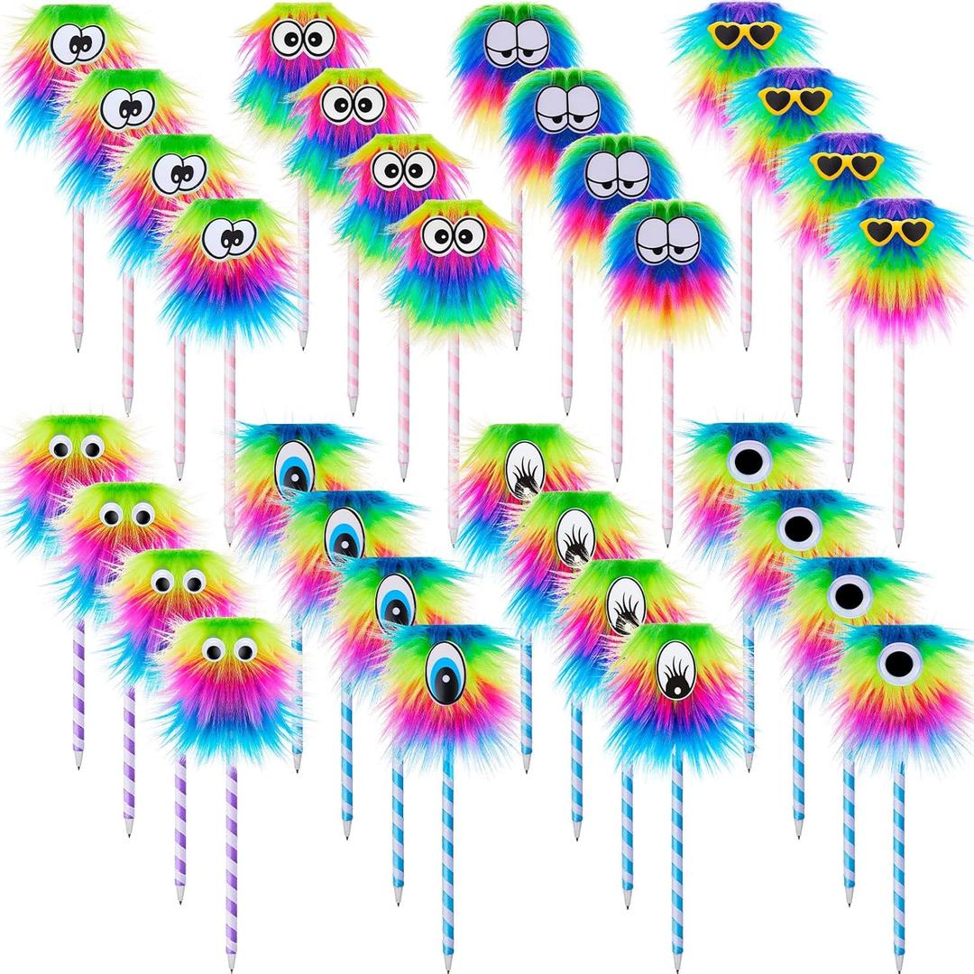 Outus 32 Pieces Rainbow Fluffy Monster Pens Cute Fun Pen for Monster Party Favors School Office Birthday Carnival Party Favor Supply