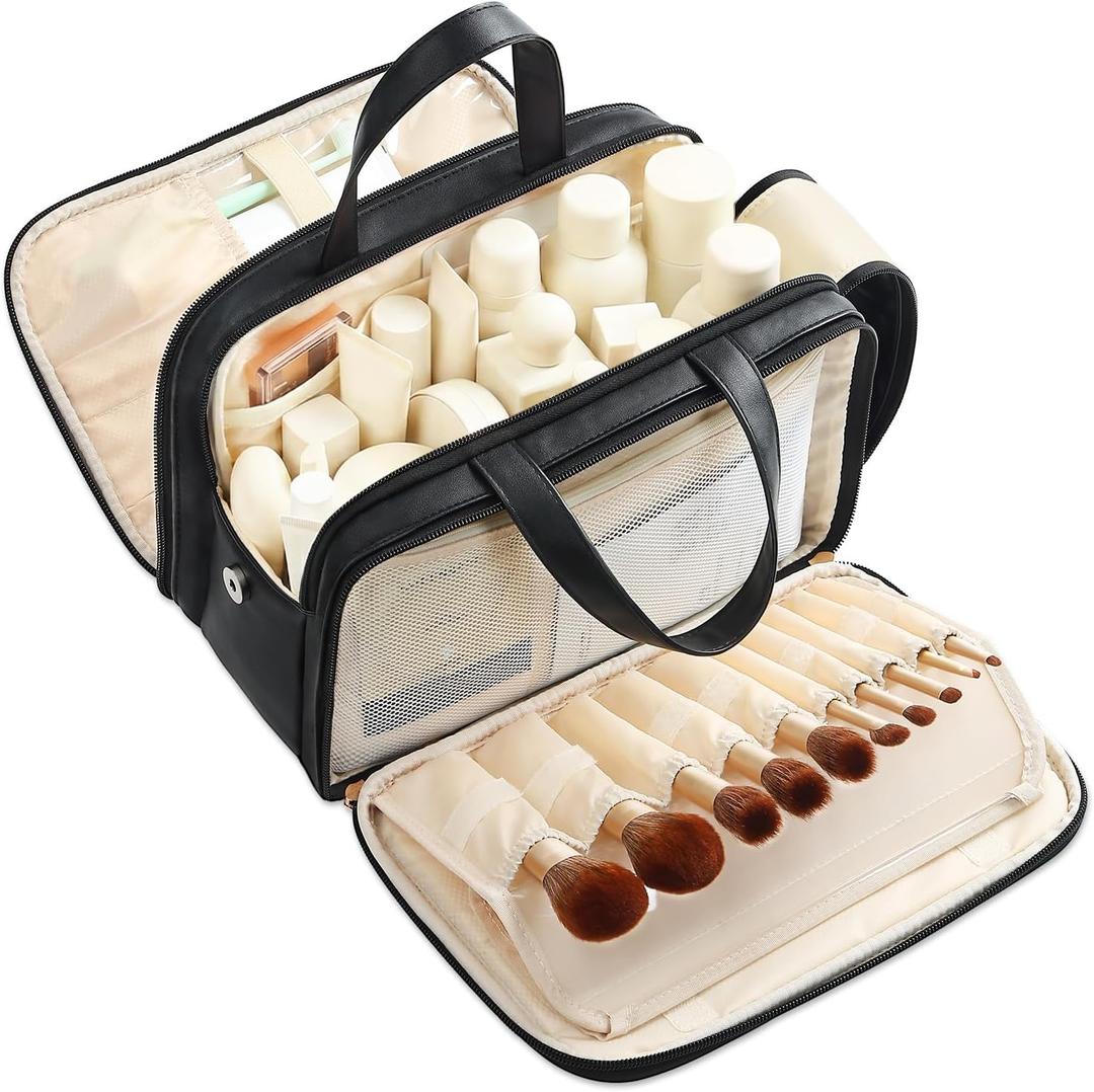 Large Travel Makeup Bag for Women with Luggage Sleeve and Reinforced Dual Handles, Featuring 10 Independent Elastic Brush Slots and 25 Pockets, Large Capacity Waterproof Cosmetic & Toiletry Organizer