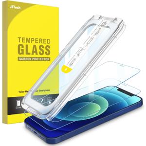 JETech One Touch Install Screen Protector for iPhone 12/12 Pro 6.1-Inch, Full Coverage Tempered Glass Film, Auto Alignment Tool Kit, HD Clear, Pack of 2