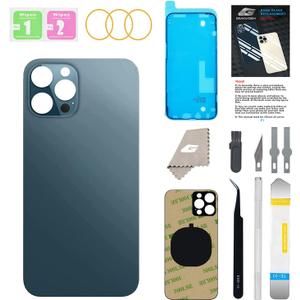 Back Glass Replacement for iPhone 12 Pro Max with Repir Tools, Big Hole Rear Back Cover Glass Replacement All Carriers with Pre-Installed Adhesive and Repairing Tool Kits (Pacific Blue)