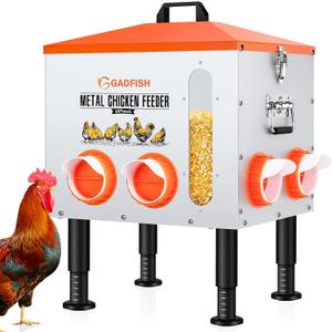 GADFISH 55LBS Large Capacity Automatic Chicken Feeder - Upgraded Window Design Allows Viewing of Feed Conditions, 8 Feeding Ports, Anti-Waste Design, Height-Adjustable Legs & Secure
