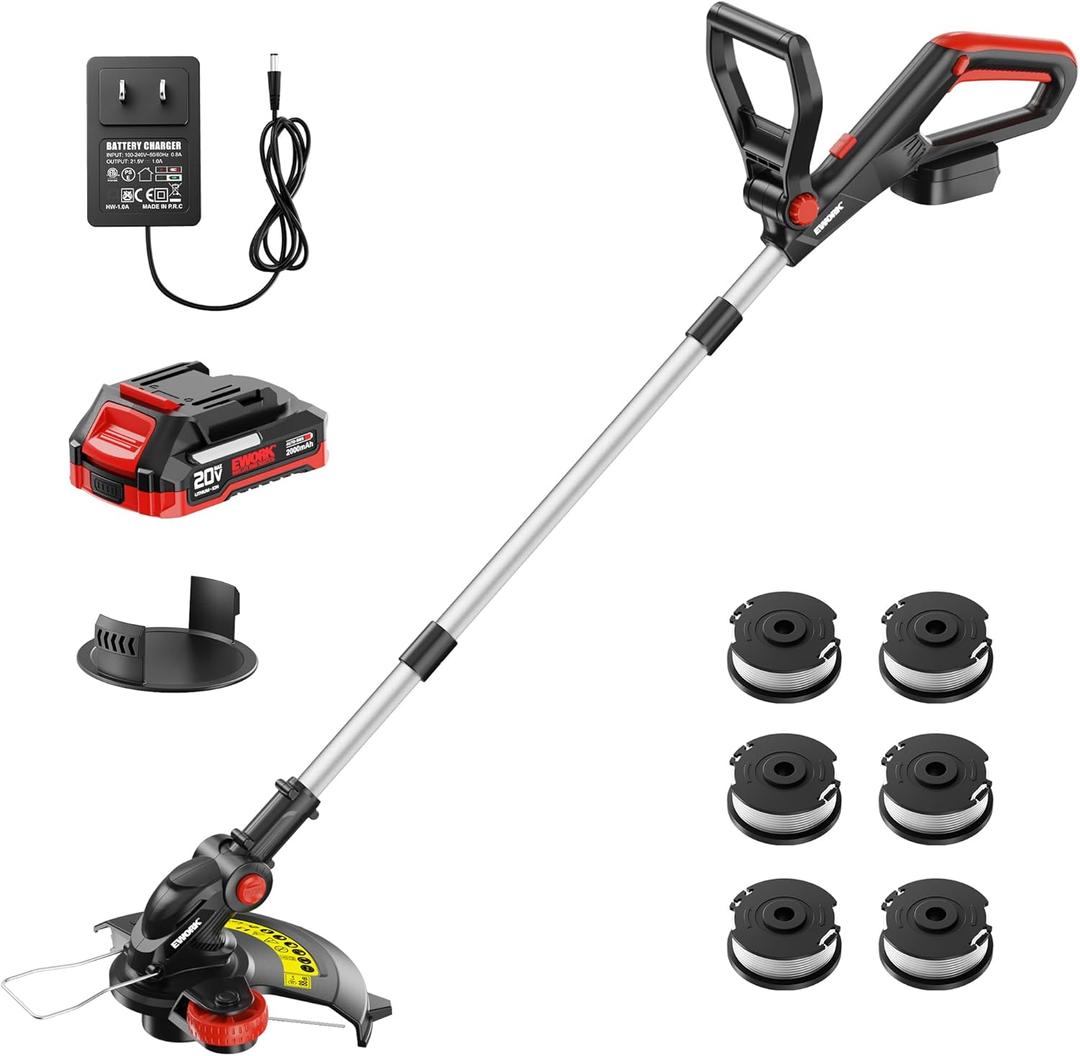 EWORK 20V Cordless String Trimmer 12-Inch Trimmer and Edger with Auto Line Feed, Electric Weed Wacker with 2.0Ah Battery and Charger & 6 Replacement Spools for Lawn, Garden, Yard, etc (Black)