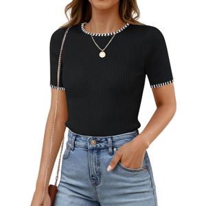 ZESICA Women's Summer Short Sleeve Ribbed Knit Slim Fit T Shirt 2026 Crewneck Basic Casual Color Block Tee Tops (X-Large, Dim)