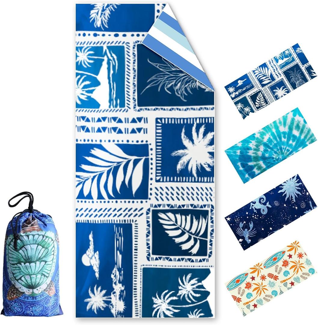 Beach Towels Oversized, 250GSM 35" x 78" Double Sided Sand Free Microfiber Beach Towel with Drawstring Bag, Absorbent Quick Dry Lightweight Vacation Essentials Gift for Pool, Camping & Yoga (Blue Plant)