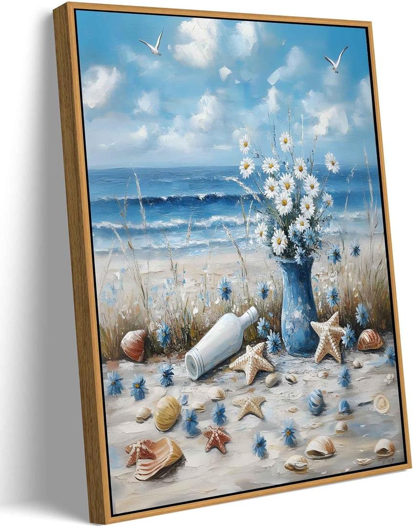 Framed Blue Ocean Beach Canvas Wall Art Coast Seashell Starfish painting Decor Pictures Blue Seaside White Daisy Posters Prints for Modern Coastal Themed Home Decoration Bathroom Room Decoration (10"L x 8"W)
