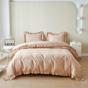 Simple&Opulence Kids 100% Organic Cotton King Duvet Cover Ruffle 3Pcs(1 Comforter Cover 2 Pillowcases) Cute Lace Vintage Boho Shabby Chic Farmhouse Bedding Set Teen Girls(Sand, King)